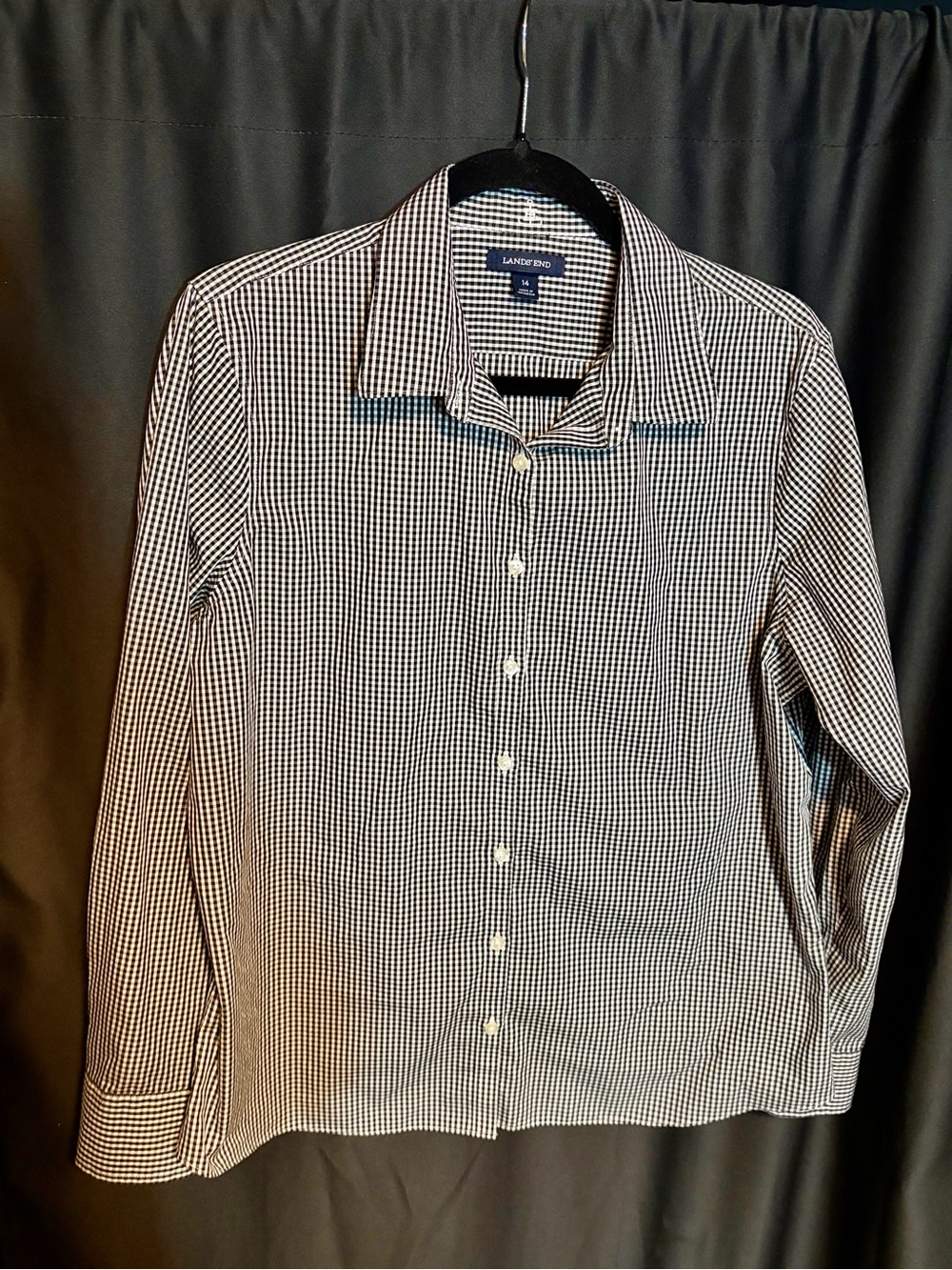 Lands' End Women’s Black and White Micro-Check Button-up Shirt